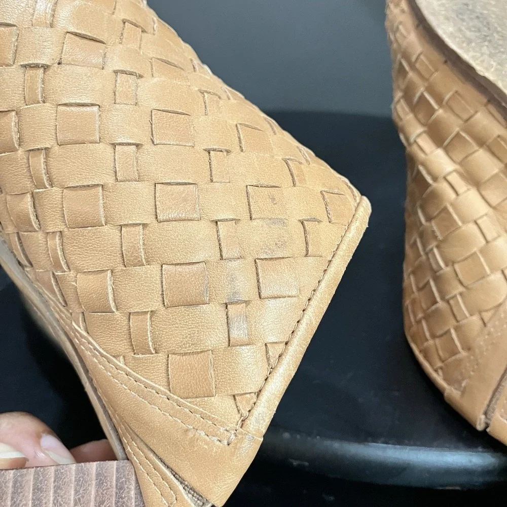 Madewell Womens 8.5 Woven Leather Mule Clogs Tan Brown Block Heel Slip On Shoes